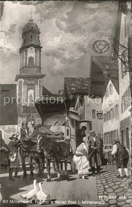 Mittenwald Bayern Fresken am Hotel Post Pferdekutsche Kuenstlerkarte