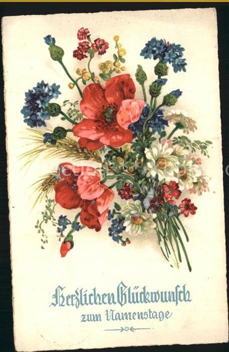 Namenstag Namenskarte Margeriten Kornblumen Mohnblumrn Litho
