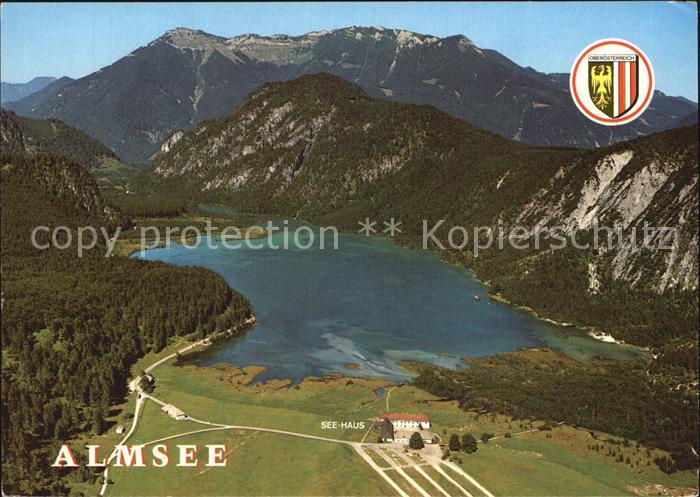 Almsee im Almtal mit Seehaus Fliegeraufnahme