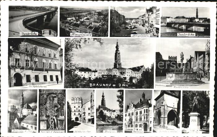 Braunau Inn Innbruecke Hauptplatz Fischbrunnen Buecherei Kirche Salzburger Tor R