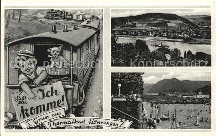 Hoenningen Bad Panorama Rhein Schwimmbad Eisenbahn Maedchen Hund Leporello