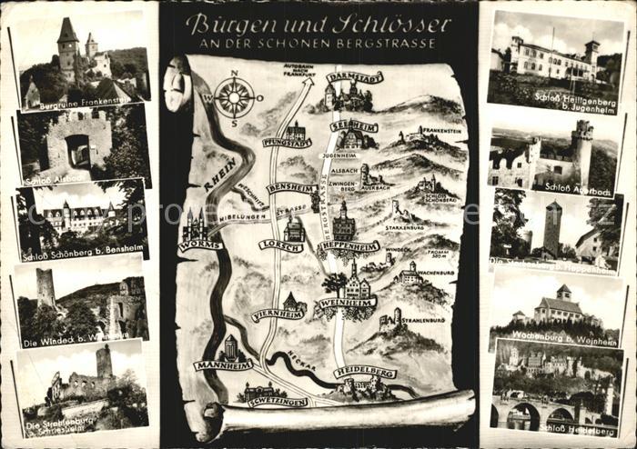Heidelberg Neckar Burgen und Schloesser an der Bergstrasse Landkarte