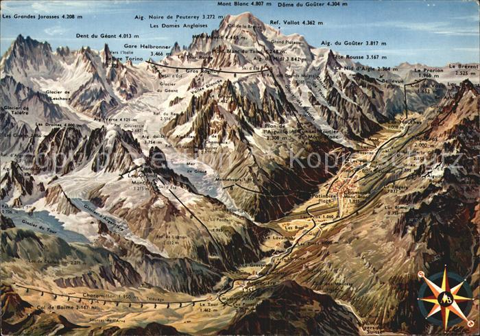 Chamonix Panoramakarte Grandes Jorasses Dent du Geant