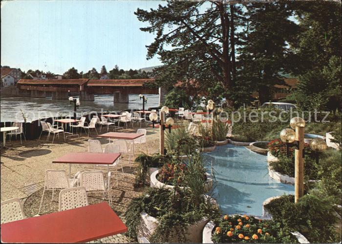 Saeckingen Rhein Blick von der Goldenen Knopf Terrasse Historische Holzbruecke