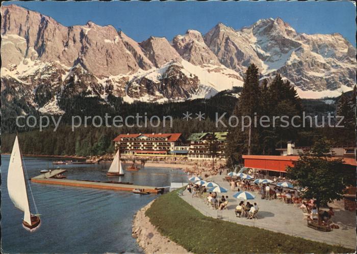 Eibsee Pavillon und Eigseehotel mit Zugspitze Riffelwand und Waxenstein