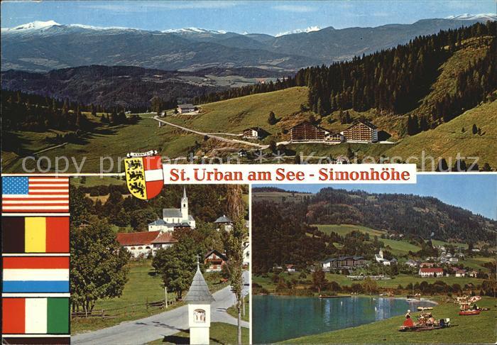 St Urban Kaernten Simonhoehe Badesee Kirche Alpenpanorama Nationalflaggen