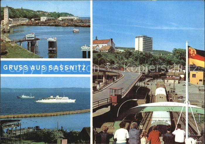 Sassnitz Ostseebad Ruegen Blick zum Fischereihafen MS Sassnitz Faehrschiff