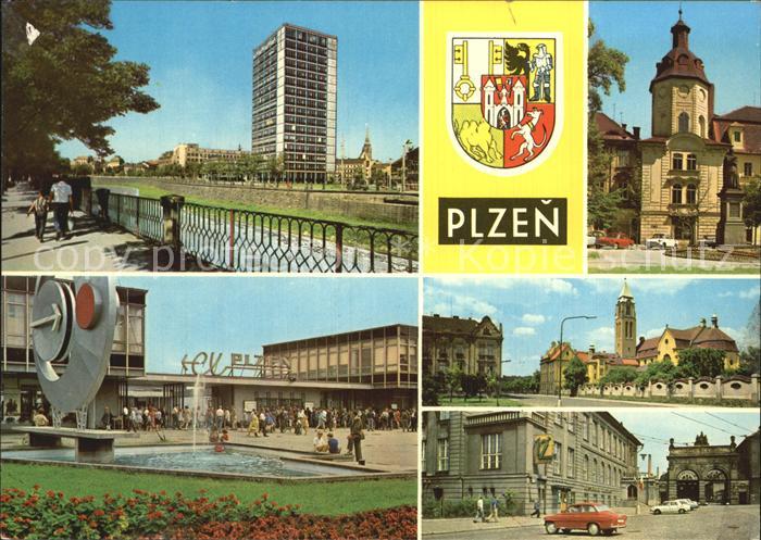 Plzen Pilsen Hochhaus Kirche Brunnen