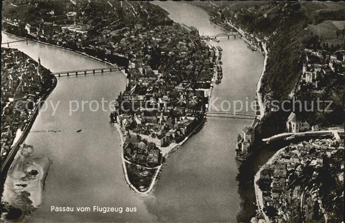 Passau Zusammenfluss von Inn Donau Ilz Fliegeraufnahme