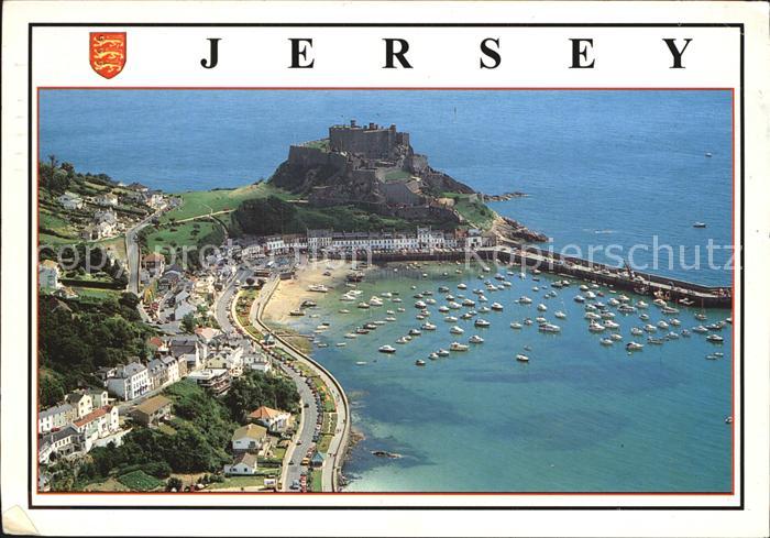 Jersey United Kingdom Aerial view of Mont Orgueil Castle and Gorey Harbour