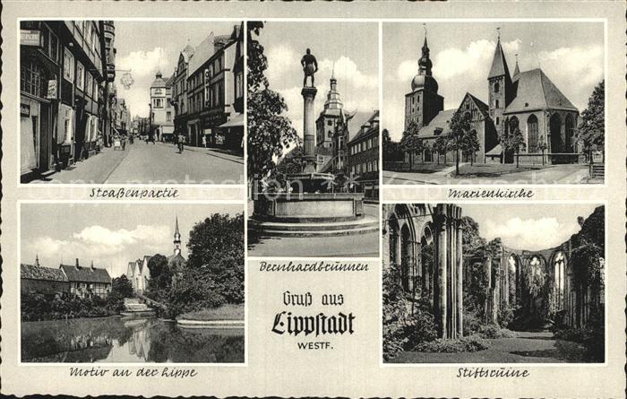 Lippstadt Strassenpartie Marienkirche Lippemotiv Stiftsruine Bernhardbrunnen