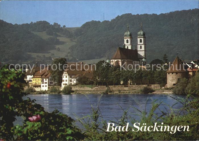 Bad Saeckingen Rheinblick mit St Fridolins Muenster und Gallusturm