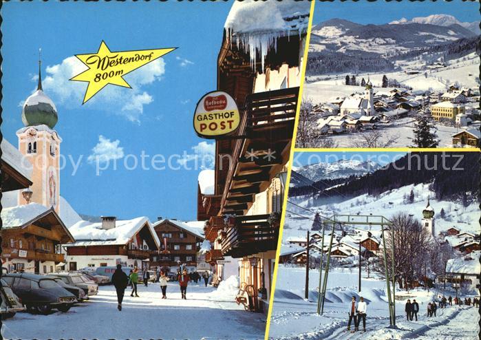 Westendorf Tirol Dorfpartie an der Kirche Gasthof Post Skilift Alpenpanorama