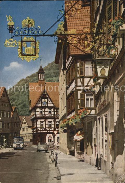 Urach Bad Wilhelmstrasse mit Rathaus Fachwerkhaus Schild