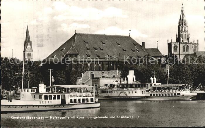 Konstanz Bodensee Hafenpartie mit Konziliumsgebaeude und Basilika