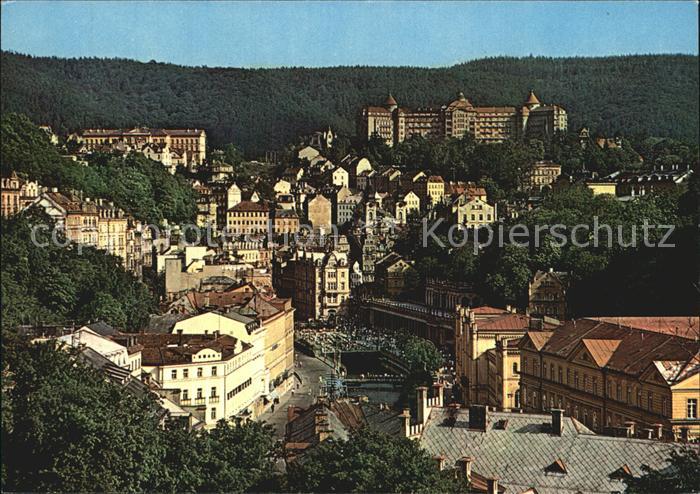 Karlovy Vary Pohled na ricku Teplou a Vridlo Tepla Fluss mit Sprudel Hotel Imper