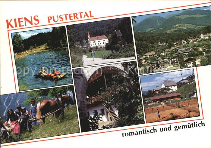 Kiens Suedtirol Gesamtansicht Badestrand Kirche Pferdefuhrwerk Tennis