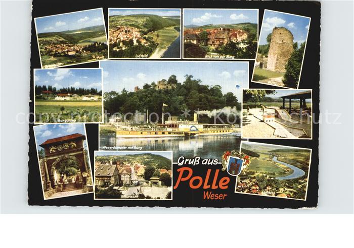 Polle Panorama Burg Minigolf Weser Dampfer Bungalows Torbogen Fliegeraufnahme