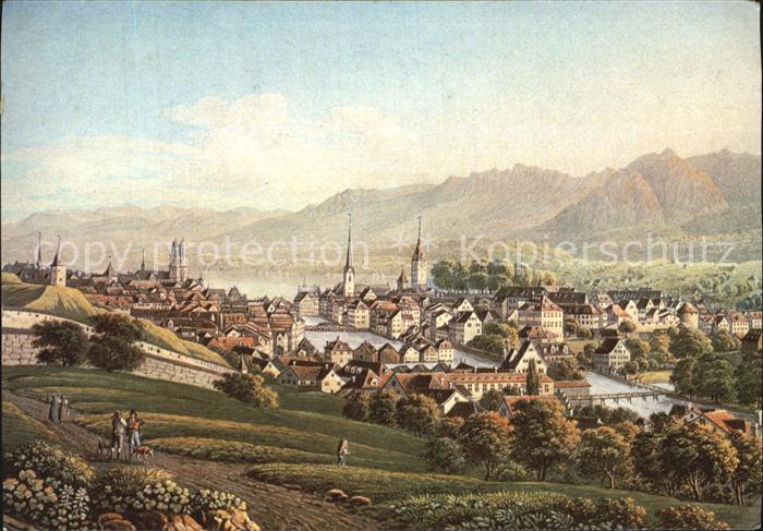 Kuenstlerkarte J.B. Isenring Zuerich Stadtansicht