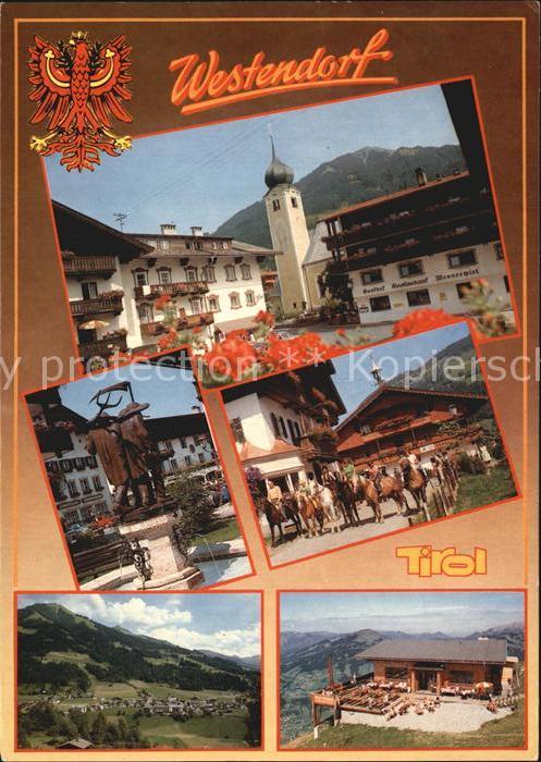 Westendorf Tirol Kirche Brunnen Reiterschar Panorama Berghaus