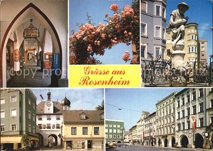 Rosenheim Bayern Arkaden Rosenbogen Statue Stadttor Strassenpartie