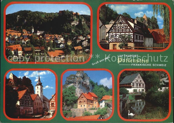 Pottenstein Oberfranken Panorama Fachwerkhaeuser Kirche Felsmassiv Schwanenteich