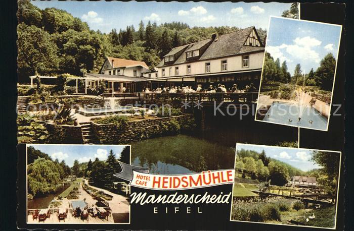 Manderscheid Eifel Hotel Cafe Heidsmuehle Terrasse Bruecke Springbrunnen