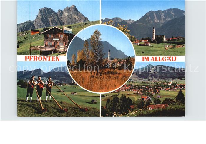 Pfronten Ostallgaeu Bayern Berghuette Kirche Alphornblaeser Panorama