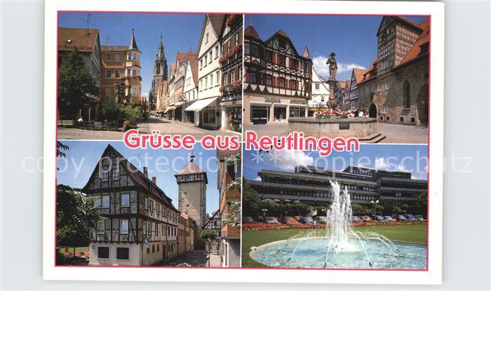 Reutlingen Strassenpartie Brunnen Stadtturm Springbrunnen