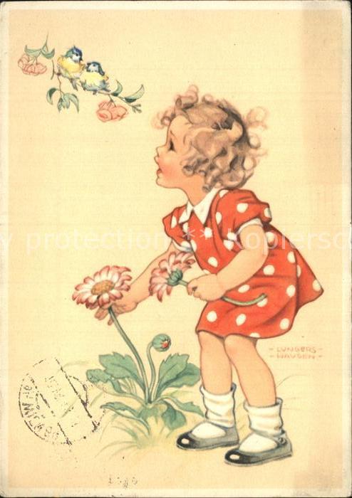 Lungers-Hausen Lungershausen Kuenstlerkarte Kind Blaumeisen Blumen