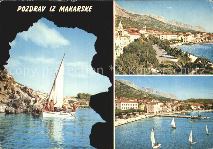 Makarska Dalmatien Uferstrasse Kuestenstadt Hafen Segelboot