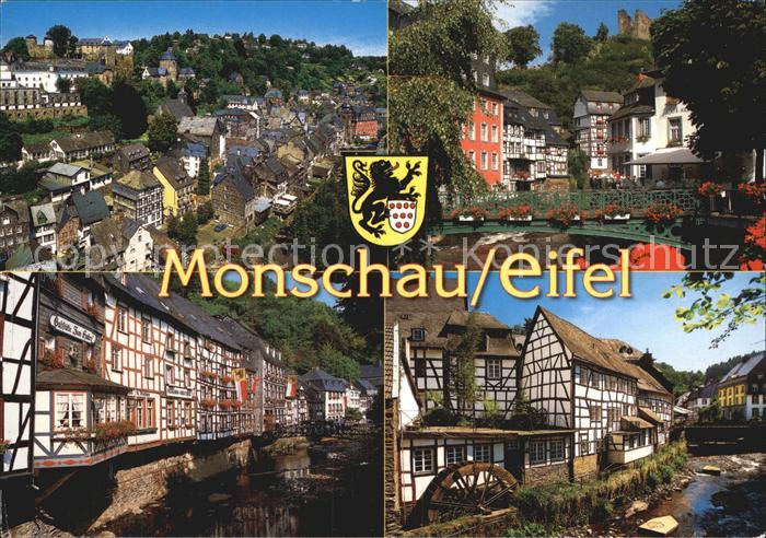 Monschau Montjoie NRW Teilansicht Bruecke Rotes Haus Rurpartie Fachwerkhaeuser