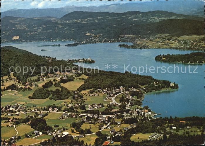 Reifnitz Woerthersee im Hintergrund Wallfahrtsort Maria Woerth Fliegeraufnahme
