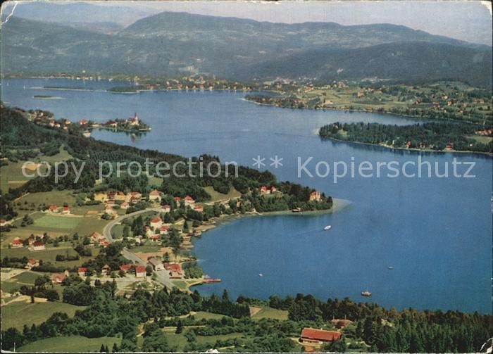 Reifnitz Woerthersee Bucht mit Wallfahrtsort Maria Woerth Fliegeraufnahme