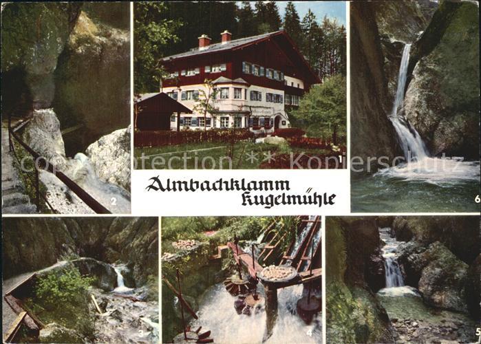 Almbachklamm Gasthaus Kugelmuehle Tiefblick in die Klamm Felseinstieg in die Kla