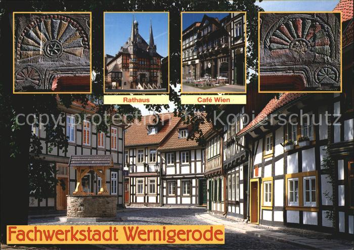 Wernigerode Harz Fachwerhaeuser in der Hinterstrasse Rathaus Cafe Wien