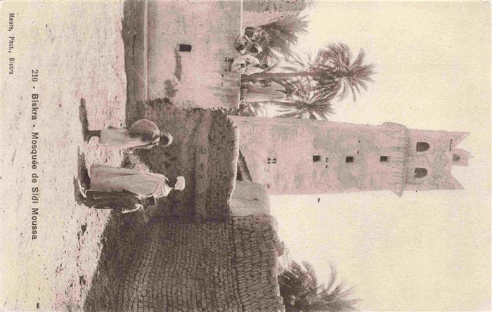 Biskra Algerie Mosquée-de-Sidi-Moussa Minarett Lehmbauten Palmen Arabische-Kinde