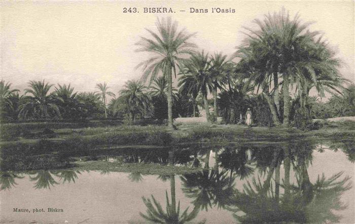 Biskra Algerie Oasis Wasserflaeche Palmen Spiegelung Person