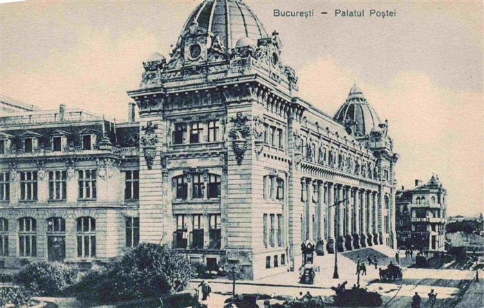 Bucharest Palatul-Poștei Postpalais Kuppel Prachtbau Pferdewagen Passanten Jugen