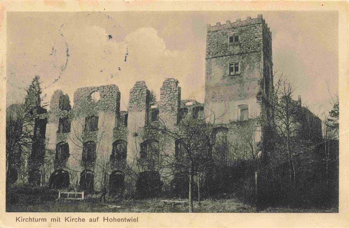SINGEN  Hohentwiel BW Kirchruine Kirchturm Festungsruine Mauerwerk Baeume Mittel