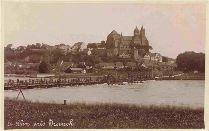 Breisach Rhein Uferpartie am Rhein Schiffsbruecke Blick zum Muenster