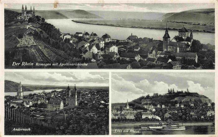 REMAGEN Rheinland-Pfalz Rheinpartie mit Apollinariskirche Andernach Linz am Rhei
