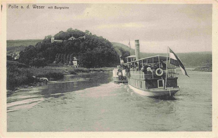 Polle Oberweser Weserpartie mit Burgruine Ausflugsdampfer