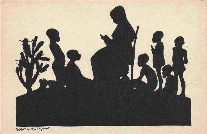 Scherenschnitt-AK Schattenbildkarte Shadowbolt Elfe Eisgruber Frau Kinder