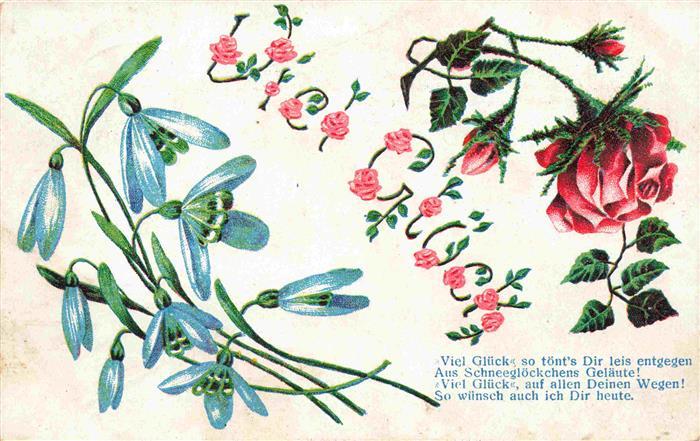 Blumen Flowers Fleurs Rosen Schneeglocken Viel Glueck Litho