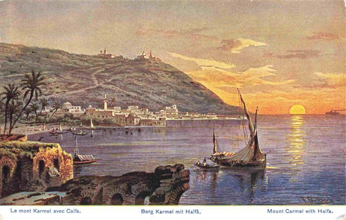 Haifa Israel Panorama Mount Carmel Sunset Kuenstlerkarte Serie 774 Palaestina No