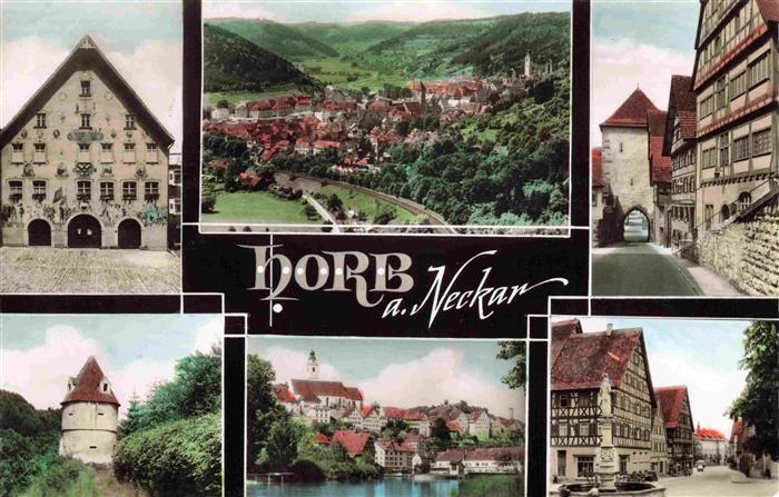 Horb Neckar Panorama Motive Altstadt Fachwerkhaeuser Partie am Fluss Turm