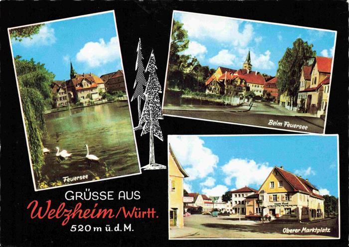 Welzheim Feuersee Ortsmotiv mit Kirche Oberer Marktplatz