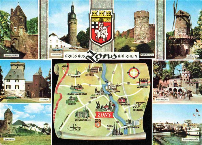 Zons Rhein NRW Tuerme Rheintor Stadtmauer Freilichtbuehne Bootsanleger Landkarte