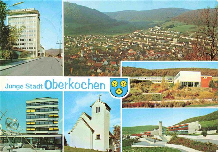 Oberkochen Carl Zeiss Werke Panorama Gymnasium Schwimmbad Rathaus mit Sonnenuhr